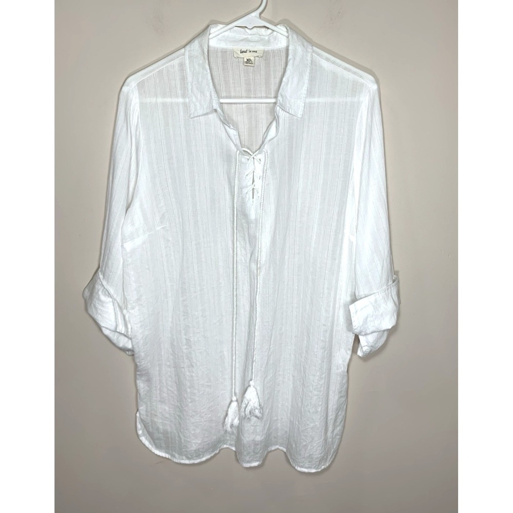 Land 'n‎ Sea Tunic Blouse Womens XL White Flowy Tassels Boho Beach 100% Cotton